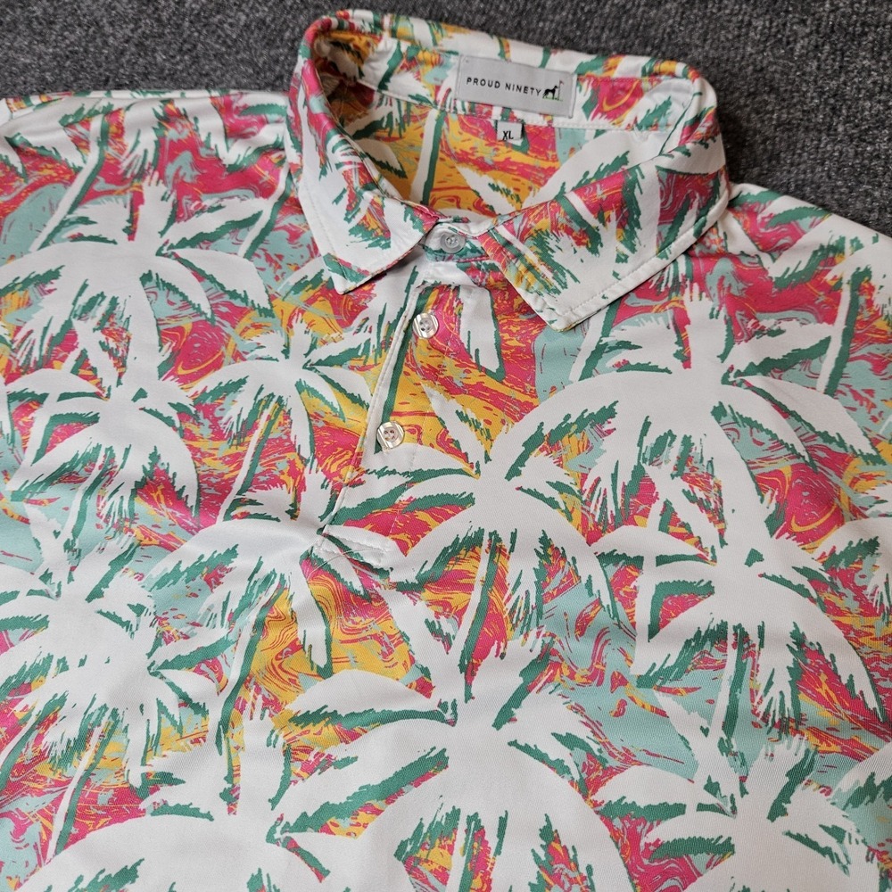 Proud Ninety Golf Polo Shirt‎ White Tropical Palm Trees Colorful Men's Size XL